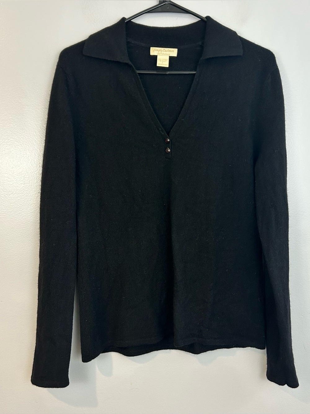 Simply Cashemere Black Pullover Collared Polo Sweater V-neckline 100% Size Small